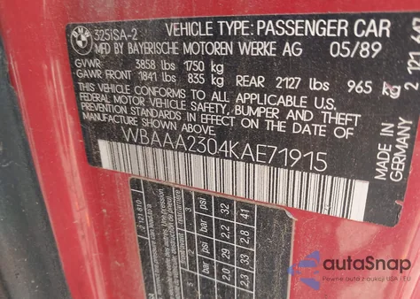 1989 BMW 325 I Automatic/Is Automatic from USA, damaged, VIN WBAAA2304KAE71915